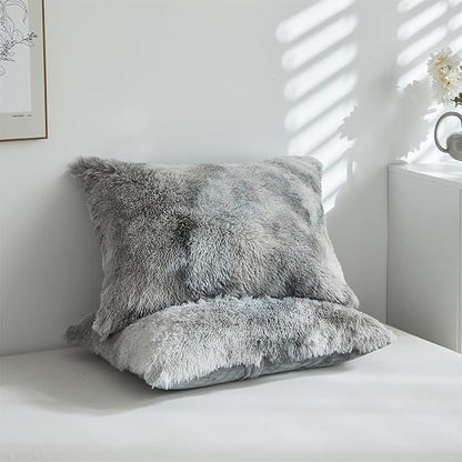 Wajade Faux Fur Plush White Comforter Set Fluffy Fuzzy Shaggy Bedding Set - 3PC Full/Queen Microfiber Soft Warm Quilt Set (Tie Dye Grey White, King)