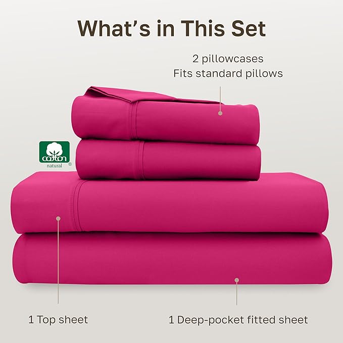 California Design Den Natural 100% Cotton Sheets Full Size Bed - 400 Thread Count Sateen, Deep Pockets with All Around Elastic, Soft, Durable Bedding - Hot Pink