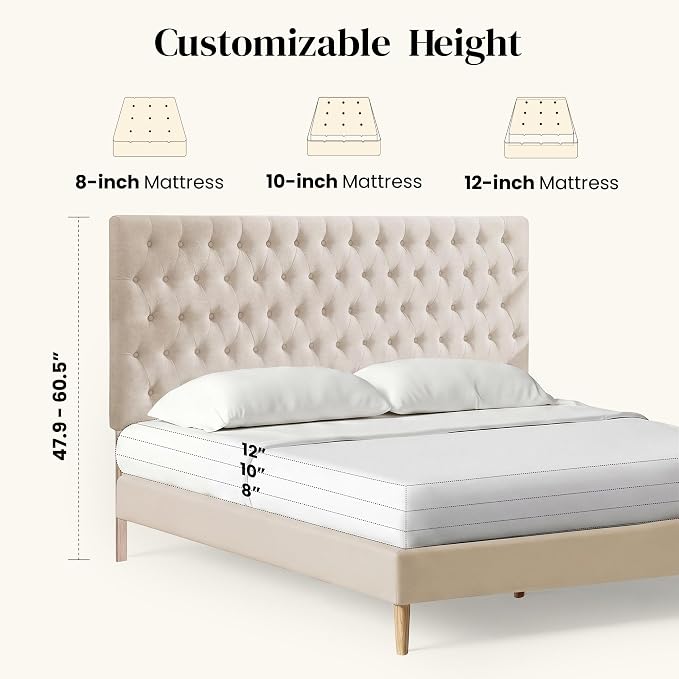 Upholstered Queen Headboard Only, Premium Linen Button Tufted Headboards, Adjustable Solid Wood Head Board, Padded Headboard with Solid Wood Legs in Bedroom (Beige)