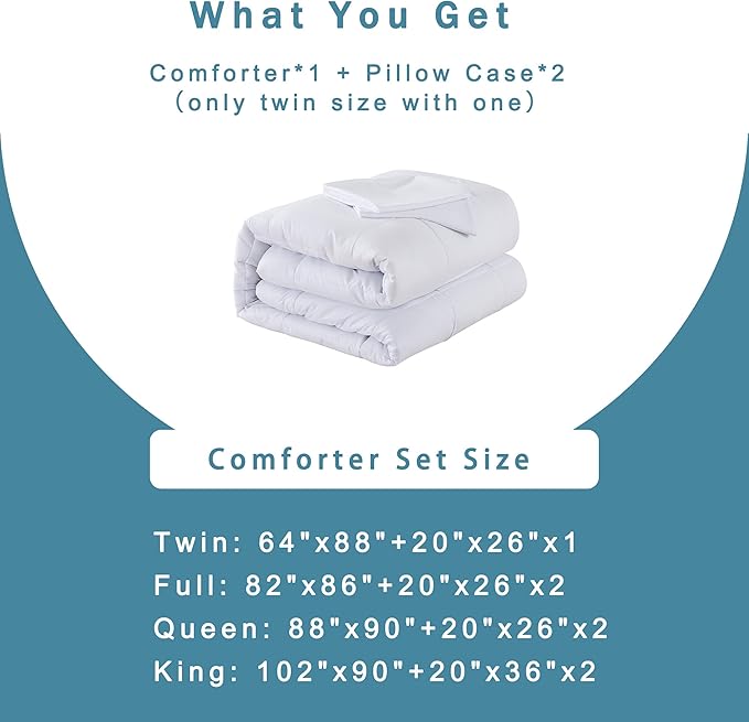 DOWNCOOL Twin Comforter Set -All Season Bedding Comforters Sets with 1 Pillow Case -2 Pieces Bed Set Down Alternative Comforter Set -White Twin Bedding Sets(64"x88")