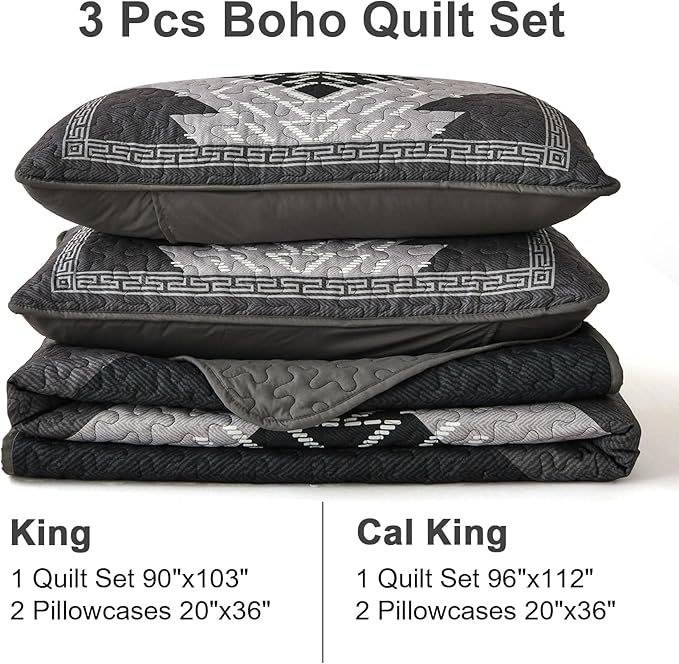 Dintszyayue Black Quilt Set Boho California King Size,3 Piece Aztec Texture Bedspread Coverlet Set Soft Lightweight Bedding Set Geometric Bohemian Bedspread with 2 Pillowcases(Black,96"x112")