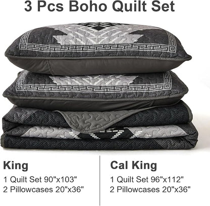 Dintszyayue Black Quilt Set Boho California King Size,3 Piece Aztec Texture Bedspread Coverlet Set Soft Lightweight Bedding Set Geometric Bohemian Bedspread with 2 Pillowcases(Black,96"x112")