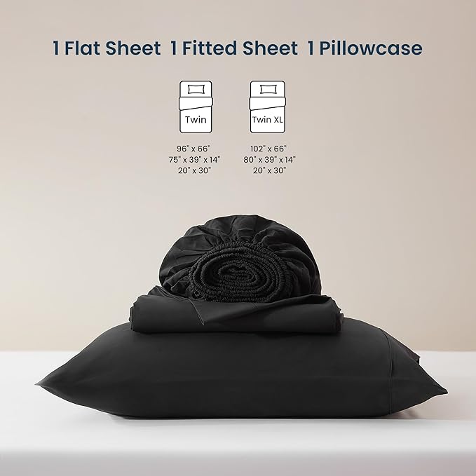 SLEEP ZONE Nanotex Super Soft Cooling Twin Bed Sheets Set for Kids 3 Piece - Easy Care Fitted Flat Sheet & Pillowcase Sets - Wrinkle Free, Fade Resistant, Deep Pocket 16" (Black, Twin)