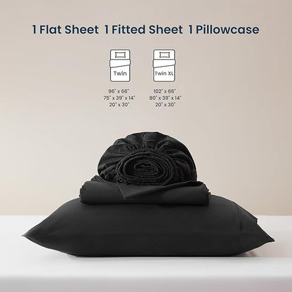 SLEEP ZONE Nanotex Super Soft Cooling Kids Bed Sheets Set Twin XL 3 Piece - Easy Care Fitted Flat Sheet & Pillowcase Sets - Wrinkle Free, Fade Resistant, Deep Pocket 16" (Black, Twin XL)