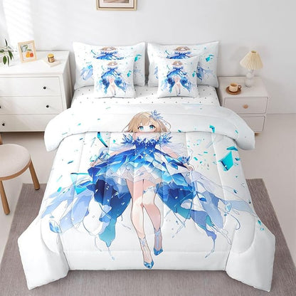 Erosebridal Anime Girl Queen Comforter Set 7 Piece Japanese Girl Bedding Set,3D Anime Cartoon Bed in A Bag for Kids,Japanese Style Sheet Set with Comforter(Blue)