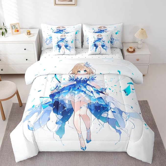 Erosebridal Anime Girl Full Comforter Set 7 Piece Japanese Girl Bedding Set,3D Anime Cartoon Bed in A Bag for Kids,Japanese Style Sheet Set with Comforter(Blue)