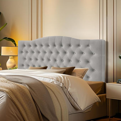 Furpopup Velvet Queen Headboard Only, Upholstered Wall Mount, Silver Gray | 2 ways to use:Wall-mounted (for adjustable bed) and bed frame mounted, Easy to assemble, Classic button design headboard