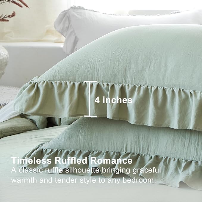 Sage Green Ruffle Comforter Set Queen, Pre-Washed Shabby Chic Bedding Set, Lightweight Cottagecore Soft Romantic Cozy 1 Comforter & 2 Shams, All-Season