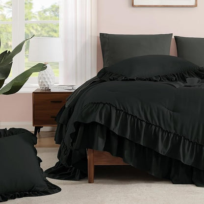 King Size Comforter Set Black, Ruffle Shabby Chic Bedding Set Farmhouse 7 Pieces, All Season Fluffy Bed in a Bag with Sheets, Pillowcases & Shams