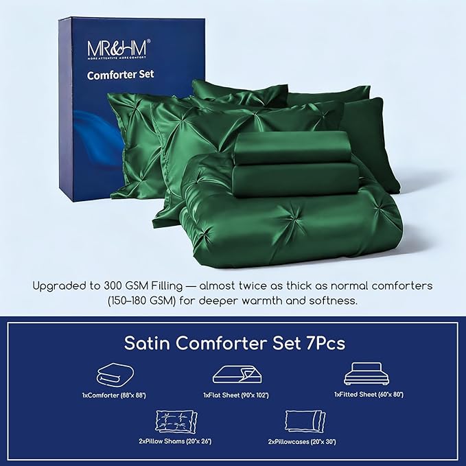 MR&HM Satin Comforter Queen 7 Pieces - Luxurious Pinch Pleat Bedding Set with Comforter, Flat Sheet, Fitted Sheet, Pillowcases & Shams, Super Silky Soft Bed Set for All Season (Queen, Dark Green)