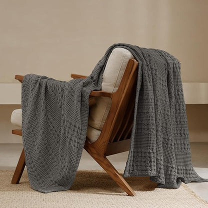 PHF 100% Cotton Waffle Weave Throw Blanket, Soft Lightweight Breathable Cozy Throws for Couch Bed Sofa, Luxury Aesthetic Blanket Gift for Home Decor & Office, 50"x60", Charcoal Grey