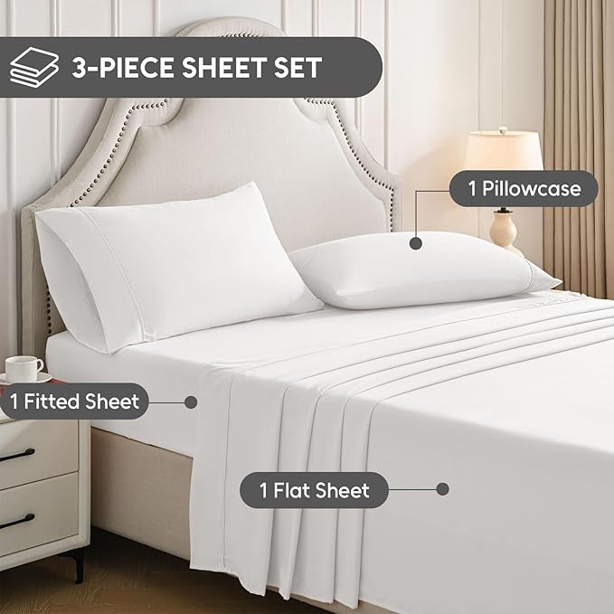 King Size Sheets Set, 4 Pieces Hotel Luxury Soft Microfiber Bed Sheets Set, Up to 16" Deep Pockets, Oeko-Tex Sheets with Elastic, Breathable, Wrinkle Free(White,King)