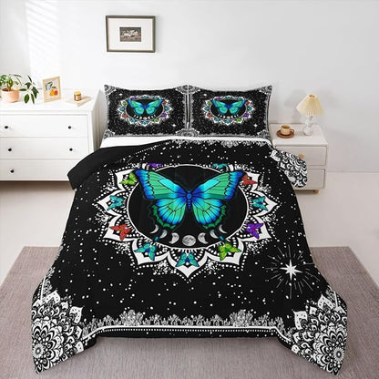 Erosebridal Butterfly Bedding Set Queen Size Galaxy Duvet Set Starry Sky Comforter Sets Boho Colorful Wild Animals Down Comforter for Moth Moon All Season Mandala Black White Duvet Set
