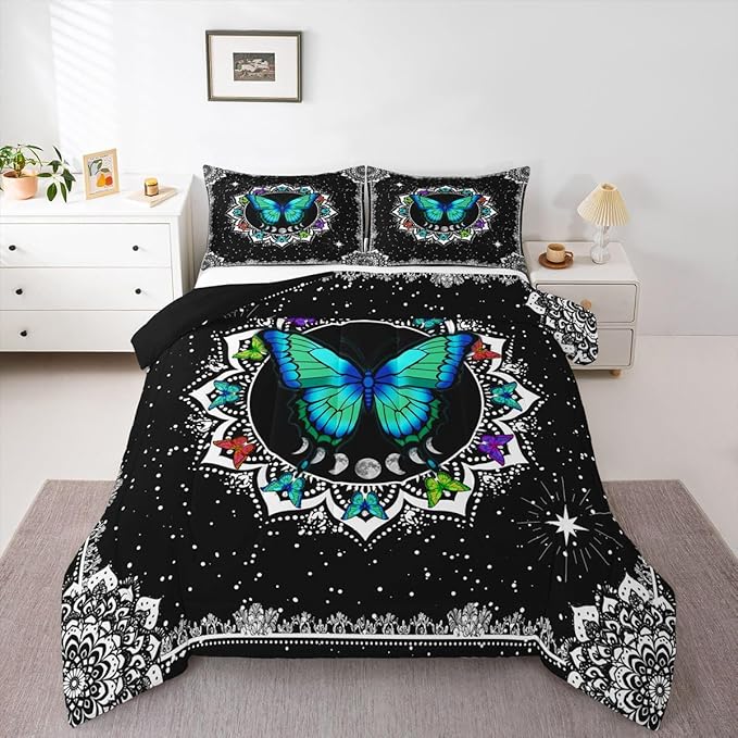 Erosebridal Butterfly Bedding Set King Size Galaxy Duvet Set Starry Sky Comforter Sets Boho Colorful Wild Animals Down Comforter for Moth Moon All Season Mandala Black White Duvet Set