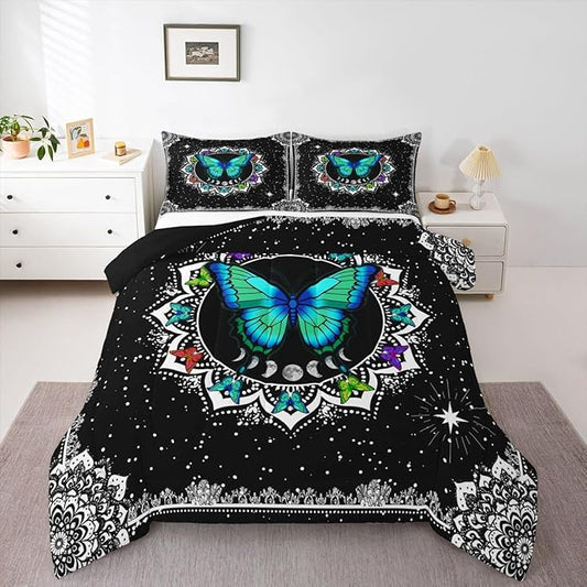 Erosebridal Butterfly Bedding Set King Size Galaxy Duvet Set Starry Sky Comforter Sets Boho Colorful Wild Animals Down Comforter for Moth Moon All Season Mandala Black White Duvet Set