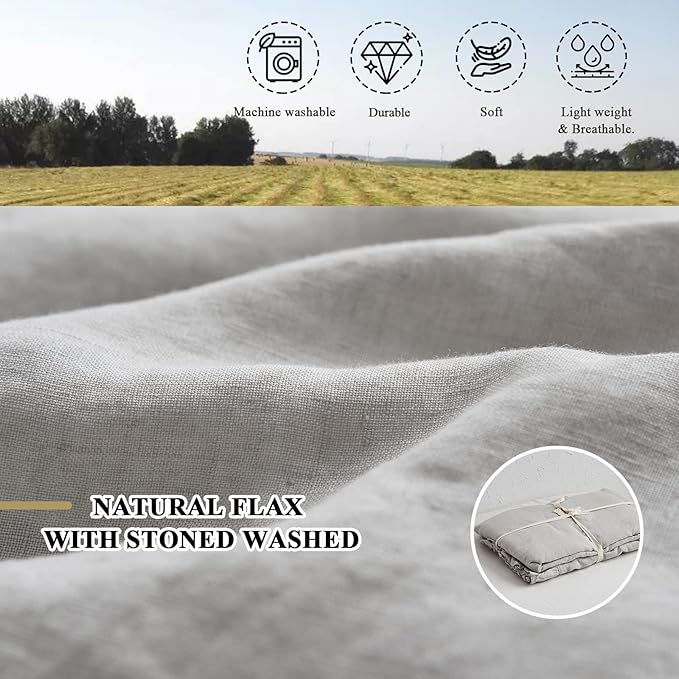 Simple&Opulence 100% Linen Duvet Cover Set, Natural French Flax Light Grey Ruffle Duvet Cover Twin Size, Breathable Comfy Linen Bedding Comforter Cover with 1 Pillowcase (Light Grey, 68" x 86")