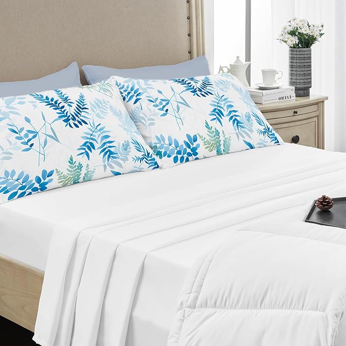 YIYEA Pillow Cases Queen Size Set of 4, Ultra Soft 1800TC Hotel Quality Double Brushed Microfiber Embroidered Pillowcases and Floral Pillow Covers, Envelope Closure, Fade Resistant (20"x30")