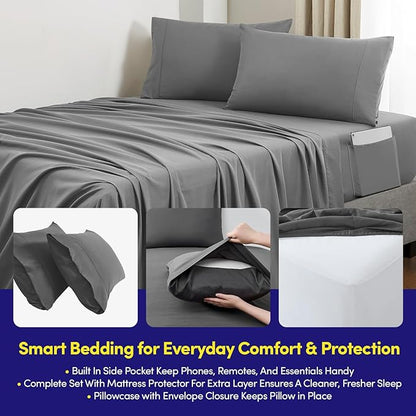 Full Size Comforter Set Quilted Stripe Bedding Bundle – Comforter, Mattress Protector, Sheets with Pockets on the Side & Built-in Corner Strap – Fitted Sheet Media Pocket for Devices, Charcoal