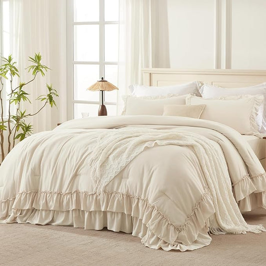 Andency Oversized King Ruffle Comforter Set, 3 Pieces Shabby Chic Farmhouse Bedding Set, Lightweight Soft Comforter Set 120x98 for Girls Women (1 Comforter 2 Pillowcases), Beige