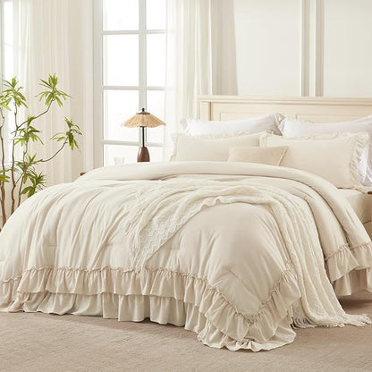 Andency Oversized Queen Ruffle Comforter Set, 3 Pieces Shabby Chic Farmhouse Bedding Set, Lightweight Soft Comforter Set 98x98 for Girls Women (1 Comforter 2 Pillowcases), Beige