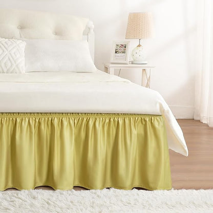 RIMELA Bed Skirt Queen Size Gold Green 15 Inch Drop, Wrap Around Elastic Bedskirt, Dust Ruffle for Adjustable Bed Base Soft Durable Fabric Machine Washable Easy to Install Bed Skirts
