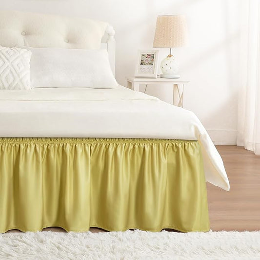 RIMELA Bed Skirt Queen Size Gold Green 15 Inch Drop, Wrap Around Elastic Bedskirt, Dust Ruffle for Adjustable Bed Base Soft Durable Fabric Machine Washable Easy to Install Bed Skirts
