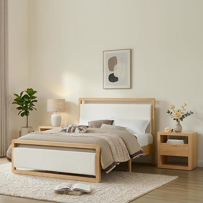 KISLOT Wood Bed Frame, with USB Headboard & Footboard, Cream, Queen | Mattress Foundation, Strong Wooden Slat Support, Noise-Free, No Box Spring Needed, Easy Assembly