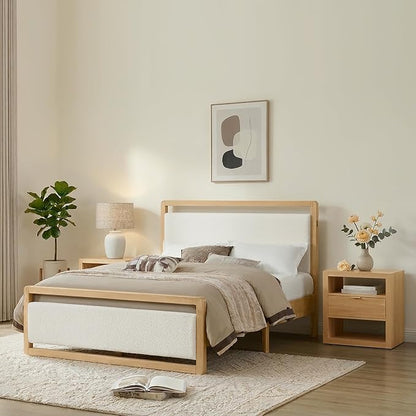 KISLOT Wood Bed Frame, with USB Headboard & Footboard, Cream, Queen | Mattress Foundation, Strong Wooden Slat Support, Noise-Free, No Box Spring Needed, Easy Assembly