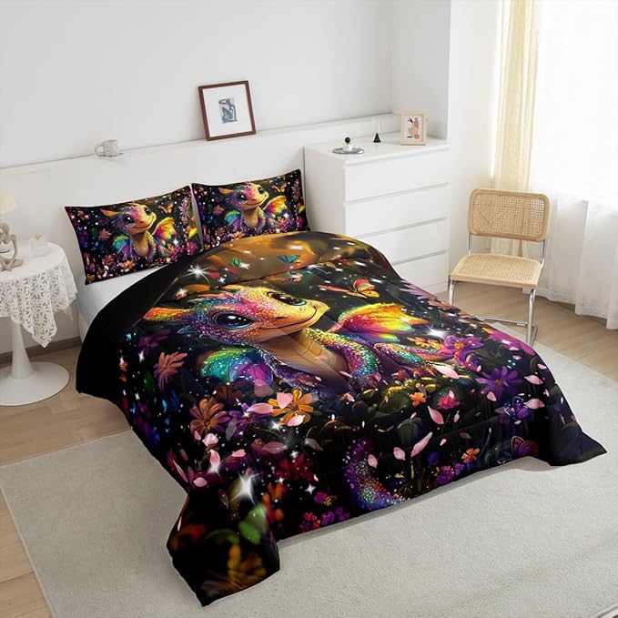 Feelyou Dragon Comforter Set Full Size Dragon Stuff Comforter for Boys Girls Teens Shiny Flower Bedding Set Dragon Decor Duvet Set Room Decor Carbon Black Quilt Set