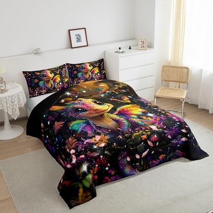 Feelyou Dragon Comforter Set Full Size Dragon Stuff Comforter for Boys Girls Teens Shiny Flower Bedding Set Dragon Decor Duvet Set Room Decor Carbon Black Quilt Set