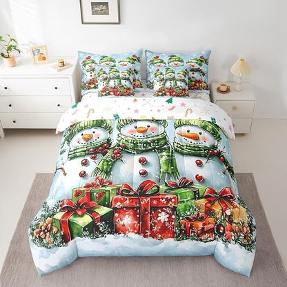 Castle Fairy Cute Winter Snowman Queen Comforter Set with Sheets Bed in a Bag 7 Pcs, Botanical Leaves Bed Set,Farmhouse Style Bedding Sets with Comforter,Flat,Fitted Sheet,Pillowcases,Pillow Covers