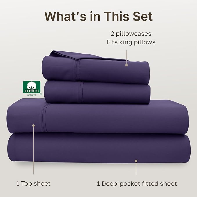 California Design Den King Size Sheets Set - 400 Thread Count Sateen, Natural 100% Cotton Sheets with Deep Pockets, Breathable, and Durable Bedding Set - Purple