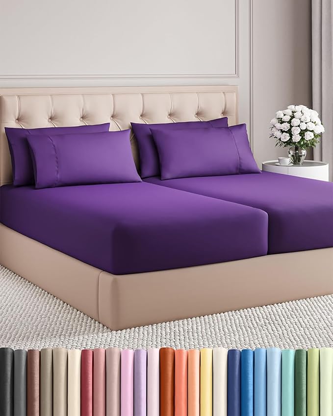 Split King 7 Piece Sheet Set - Comfy Breathable & Cooling - Ultra-Soft Hotel Luxury Bedding Set w/ 8-16 Inch Deep Pockets - 1 Flat & 2 Fitted Sheet & 4 Pillowcases - Wrinkle Free & Easy Care - Purple