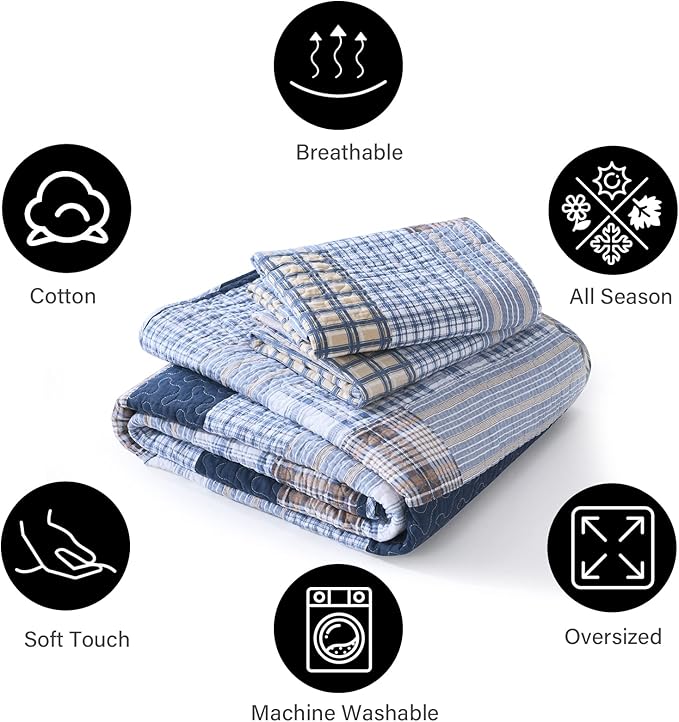 PANGUSHAN Quilt Set Queen Size, 100% Cotton Quilt Bedding Set Bedspreads, Patchwork Plaid Farmhouse Reversible Lightweight Comforter Bed Spread for Queen Bed, Blue, 3 Pieces