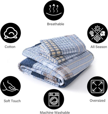 PANGUSHAN Quilt Set Queen Size, 100% Cotton Quilt Bedding Set Bedspreads, Patchwork Plaid Farmhouse Reversible Lightweight Comforter Bed Spread for Queen Bed, Blue, 3 Pieces