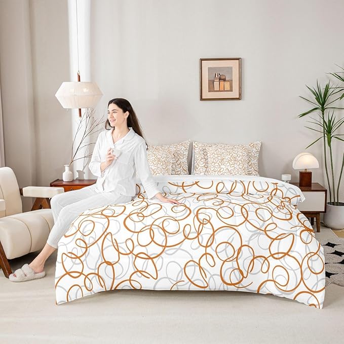 Erosebridal Geometric 7 Piece Comforter Set Queen Bed in A Bag Orange White Abstract Lines Bedding Set for Boys Girls Bedroom Modern Abstract Texture Quilt Contemporary Swirls Aesthetic Sheet Set