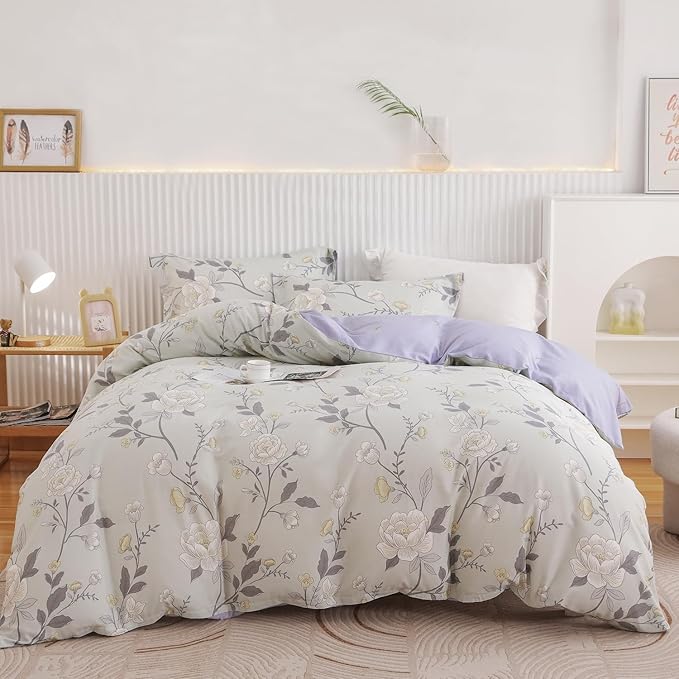 OAITE Duvet Cover Queen Size - 100% Cotton Comforter Cover Floral Duvet Cover Sets 3-PC, Breathable Duvet Cover with Zipper Closure & Corner Ties