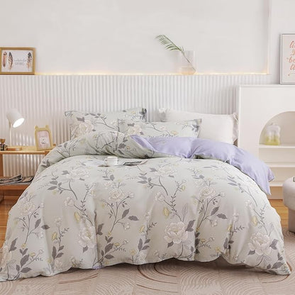 OAITE Duvet Cover Queen Size - 100% Cotton Comforter Cover Floral Duvet Cover Sets 3-PC, Breathable Duvet Cover with Zipper Closure & Corner Ties