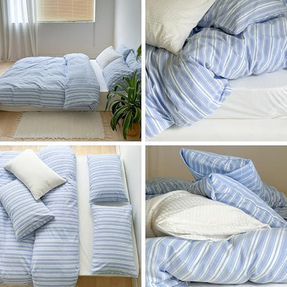 LifeTB Striped Duvet Cover Set Queen, 100% Washed Cotton Blue White Stripes Pattern Printed Comforter Cover, 3 Pieces Farmhouse Striped Bedding Set Breathable Duvet Cover with 2 Pillowcases