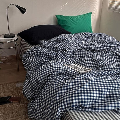 Nayoroom Navy Blue Gingham Duvet Cover Queen Size 100% Washed Cotton Plaid Checkered Duvet Cover 3 Pieces Soft Breathable Grid Farmhouse Dorm Bedding Set for All Seasons
