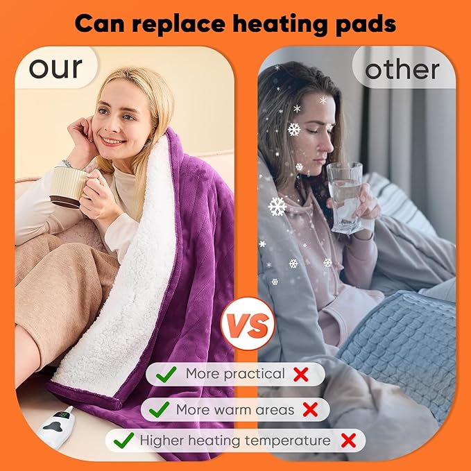 greenoak Heated Blanket Electric Throw 50"X60", Heating Blanket with 10 Heat Levels 8 Hours Auto-Off,Fleece Soft Blanket,Christmas Birthday Gifts for Teen Girls Mom, Taro Purple