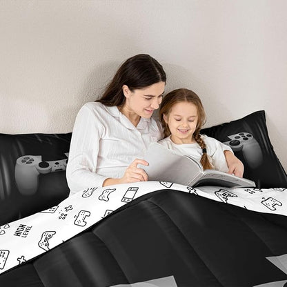 Feelyou Boys Gamer Comforter Set King Size Bedding Set for Kids Gaming Comforter Gray Black Video Games Gamepad Room Decor for Teens Child Super Soft Geometric Duvet Quilted Son Grandson Gift