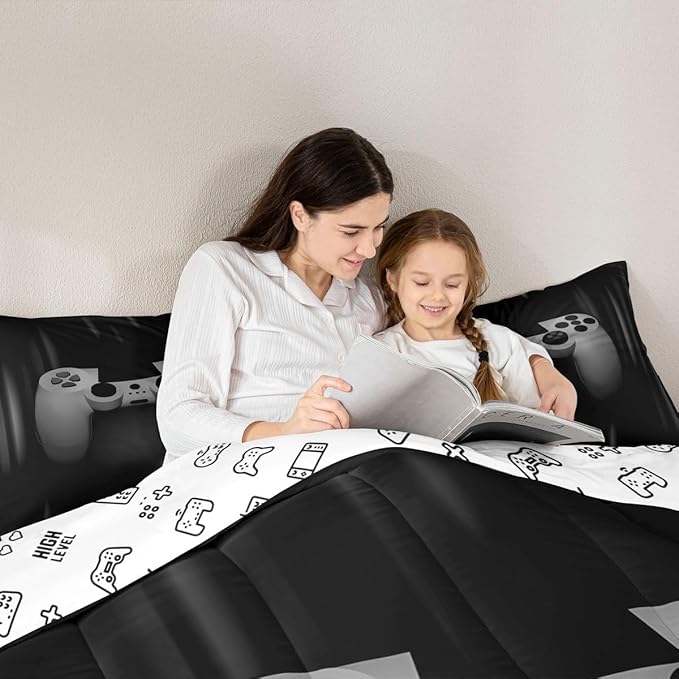 Feelyou Boys Gamer Comforter Set Full Size Bedding Set for Kids Gaming Comforter Gray Black Video Games Gamepad Room Decor for Teens Child Super Soft Geometric Duvet Quilted Son Grandson Gift