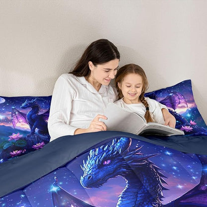 Feelyou Dragon Kids Comforter Set King Size Dragon Stuff Bedding Set Wild Life Duvet Quilt for Kids Boys Girls Bedroom Magic Wildlife Decor Purplish Microfiber Ultra Soft Breathable