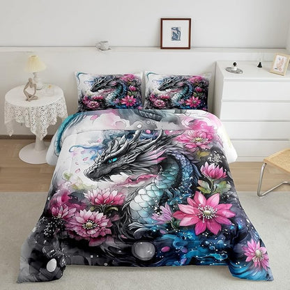 Castle Fairy Retro Flower Ink Wash Painting Comforter Set with 2 Pillowcases,Wild Animals Dragon Super Soft Microfiber Bedding Set for Adults Teens,Chinese Loong Duvet Set for Room Decor,King