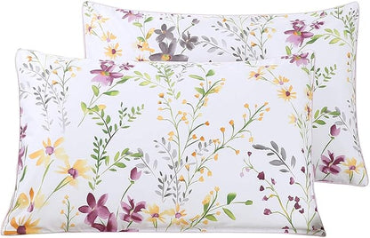 WINLIFE 100% Cotton Pillowcases Set of 2 Garden Floral Printed Pillow Cases Soft and Breathable Pillow Cover (Queen Size 20x30'', Lilac)