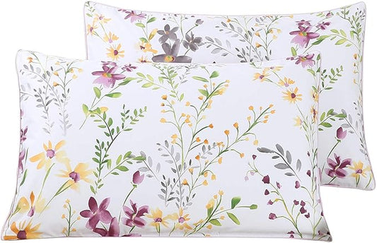 WINLIFE 100% Cotton Pillowcases Set of 2 Garden Floral Printed Pillow Cases Soft and Breathable Pillow Cover (Queen Size 20x30'', Lilac)