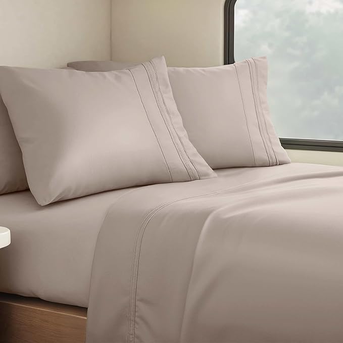 Clara Clark Bed Sheets, Premier 1800 Series 4 Piece RV Queen Sheet Set, Luxury Soft Sheets for RV Bunks, Short Queen - Linen