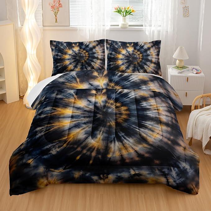 Dark Tie Dye Comforter Sets Twin Size,Yellow Fission Graffiti Bedding Set for Your Room,Abstract Soft Lightweight Quilted Set All Season 1 Comforter and 2 Pillowcases
