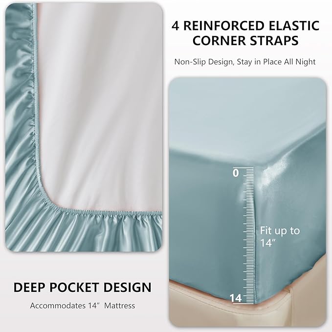 CozyLux Satin Sheets Queen Size Bed Set - 4 Piece Silky Queen Sheet Set, Luxury Light Blue Queen Sheets with Smooth and Soft Microfiber, Includes 1 Fitted Sheet, 1 Flat Sheet and 2 Pillowcases